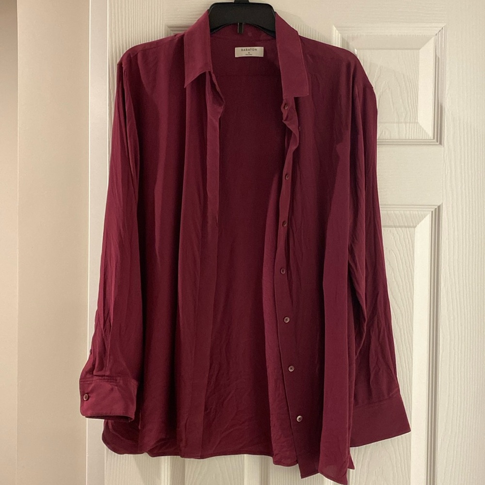 Silk Babaton maroon button down shirt.